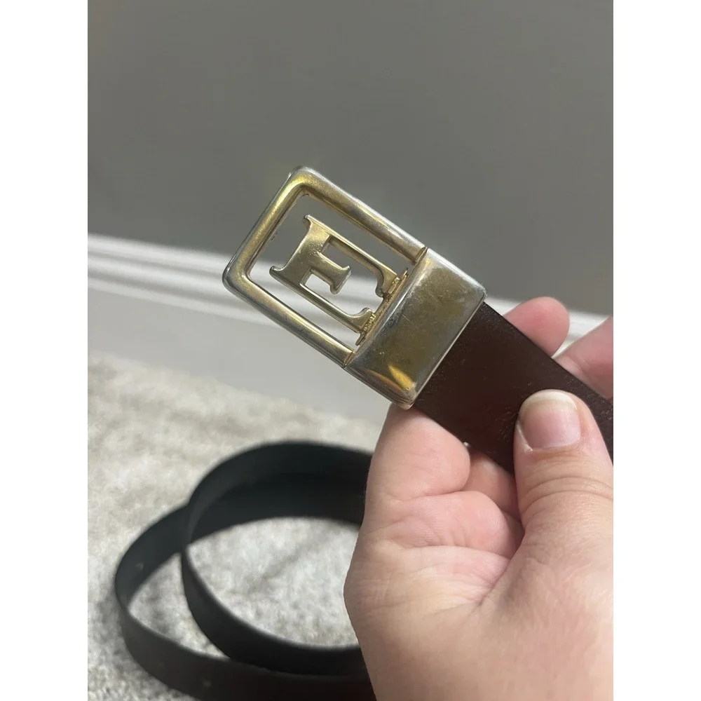 Vtg‎ Leather Belt With Letter E Belt Buckle Black Brown Belt